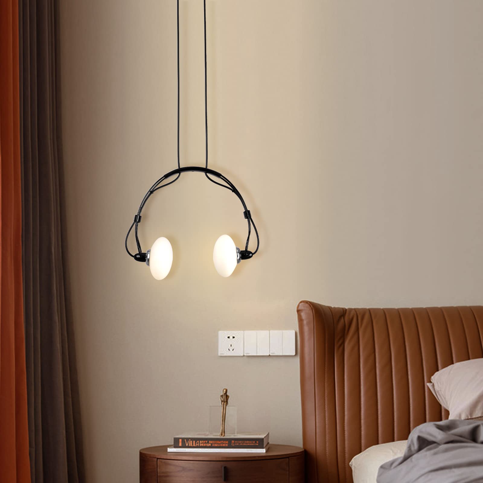 Kreatywna lampa wisząca LED, nowoczesna, żelazna, regulowana, wisząca lampa do jadalni, sypialni, szklany żyrandol, lampa sufitowa, 2 x żarówka G4, w zestawie (słuchawki, czarna)