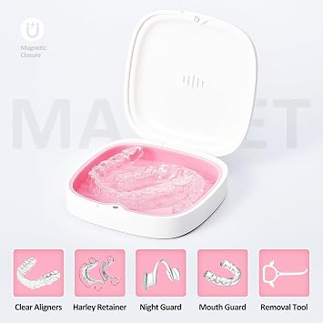 Retainer Case Slim Aligner Case with Vent Holes Removable Inner Tray Silicone for Easy Cleaning (White Pink)