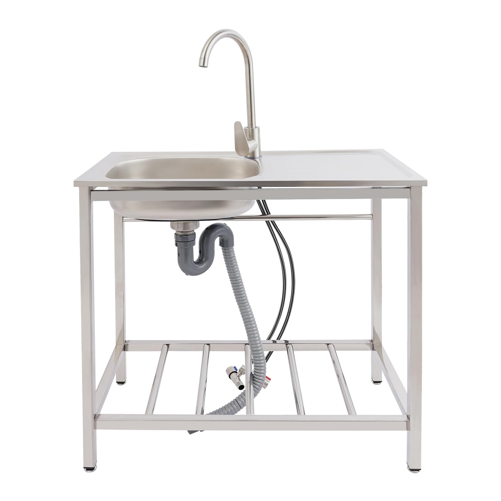 Lavabo autoportant en acier inoxydable, établi, station de lavabo, évier de cuisine simple avec robinet 360°, tuyaux d'eau froide, tuyaux d'eau chaude 75 x 40 x 75 cm
