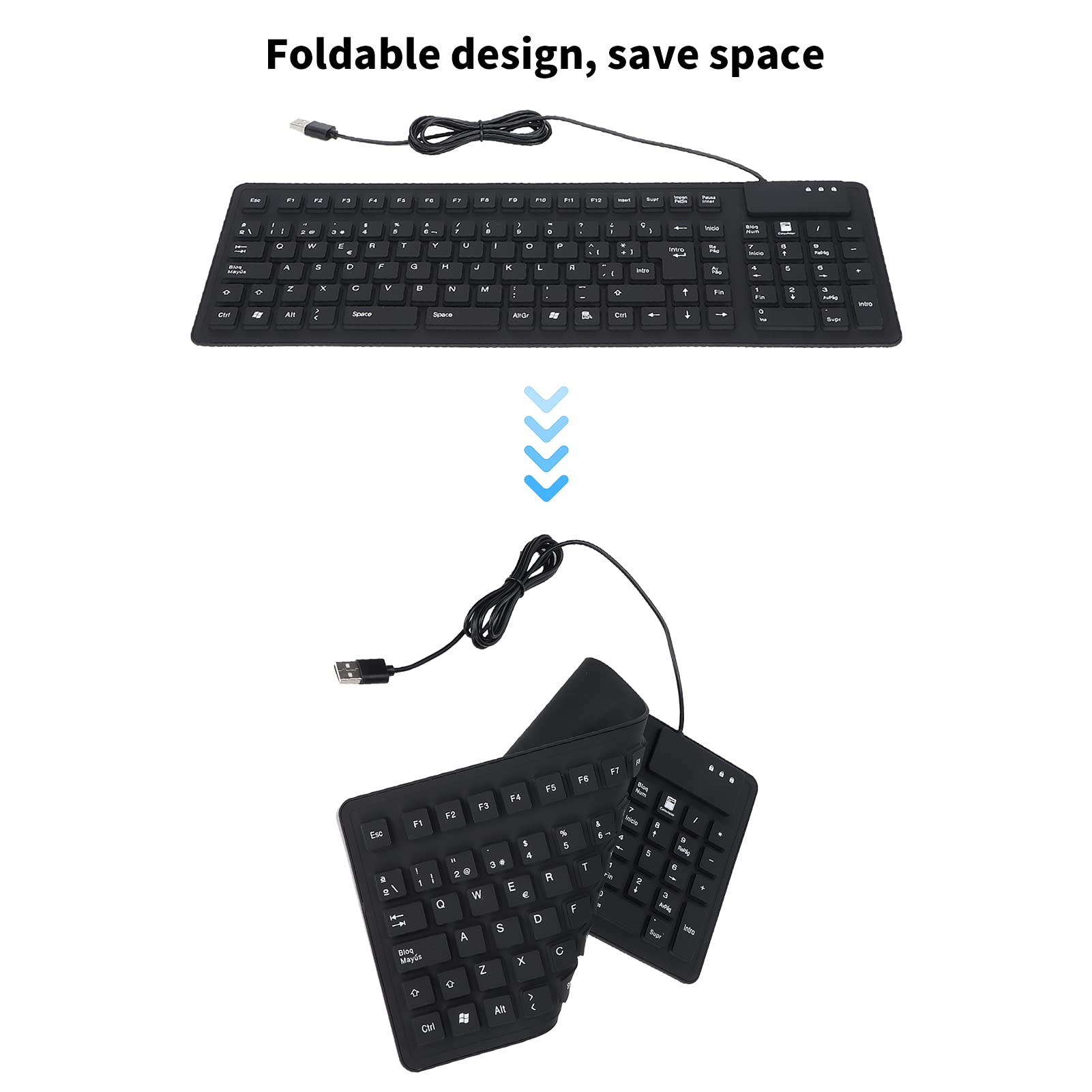 Teclados Plegables, Teclado de Máquina de Escribir Plegable Portátil con Cable USB Español de 105 Teclas Teclado de Silicona Ultra Delgado Plegable Silencioso Impermeable Y a Prueba de Polvo, para PC