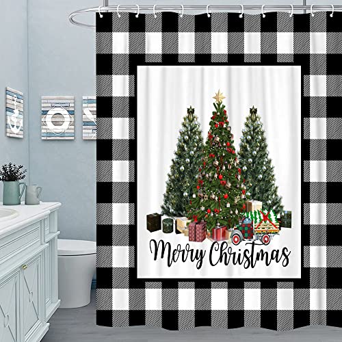 Tyakasha Merry Christmas Shower Curtain Black White Buffalo Check Plaid Christmas Trees Truck Gift Waterproof Polyester Fabric Bathroom Decoration 72 X 72 Inches With 12 Hooks #TOP1