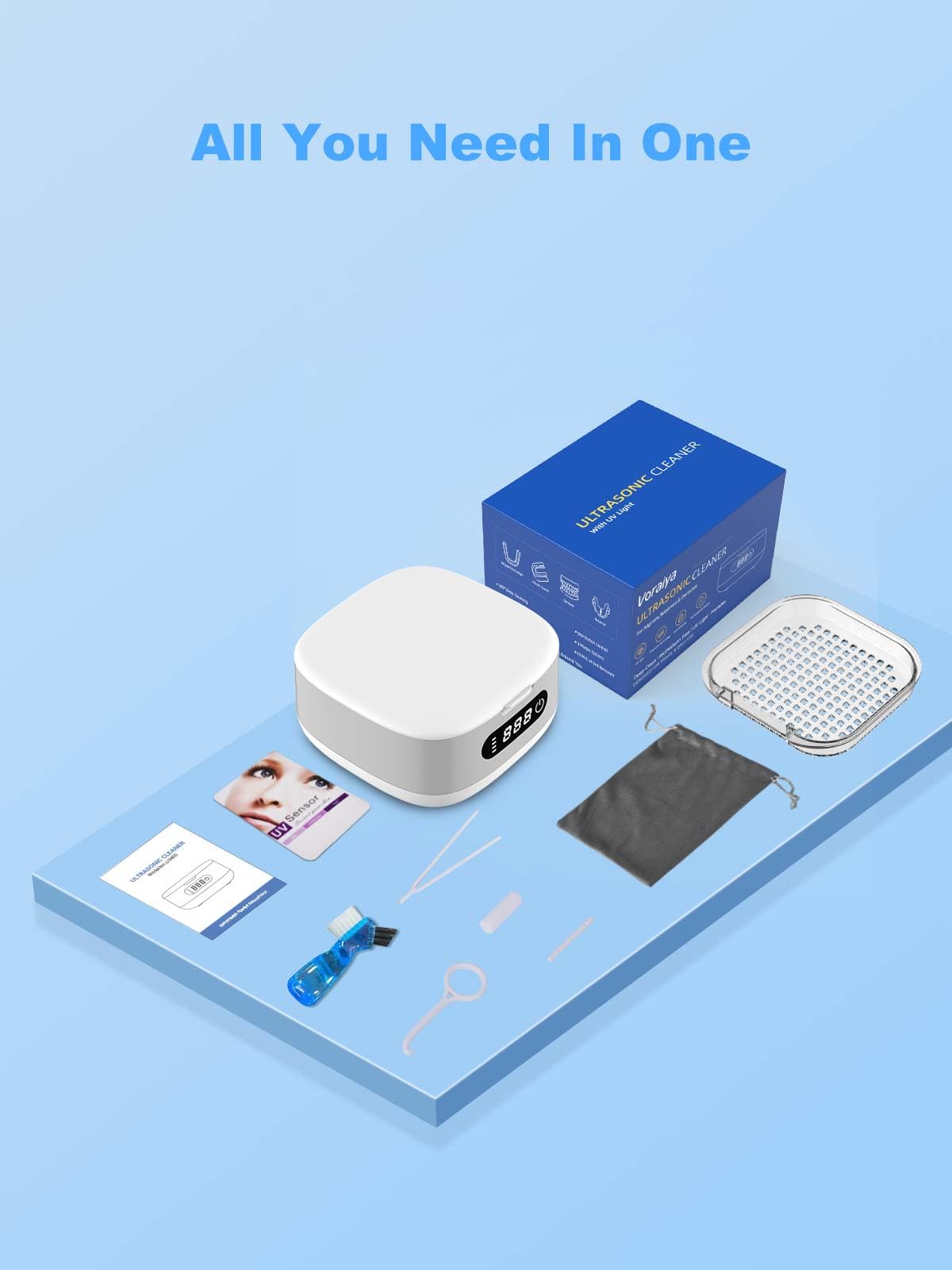 Voraiya Pulitore Ultrasuoni per Bite e Apparecchio Denti, Dental Pod Compatto e Silenzioso, Batteria Ricaricabile 4000 mAh, IPX7 Impermeabile, 166 ml, per Allineatore, Dentiera Viaggio