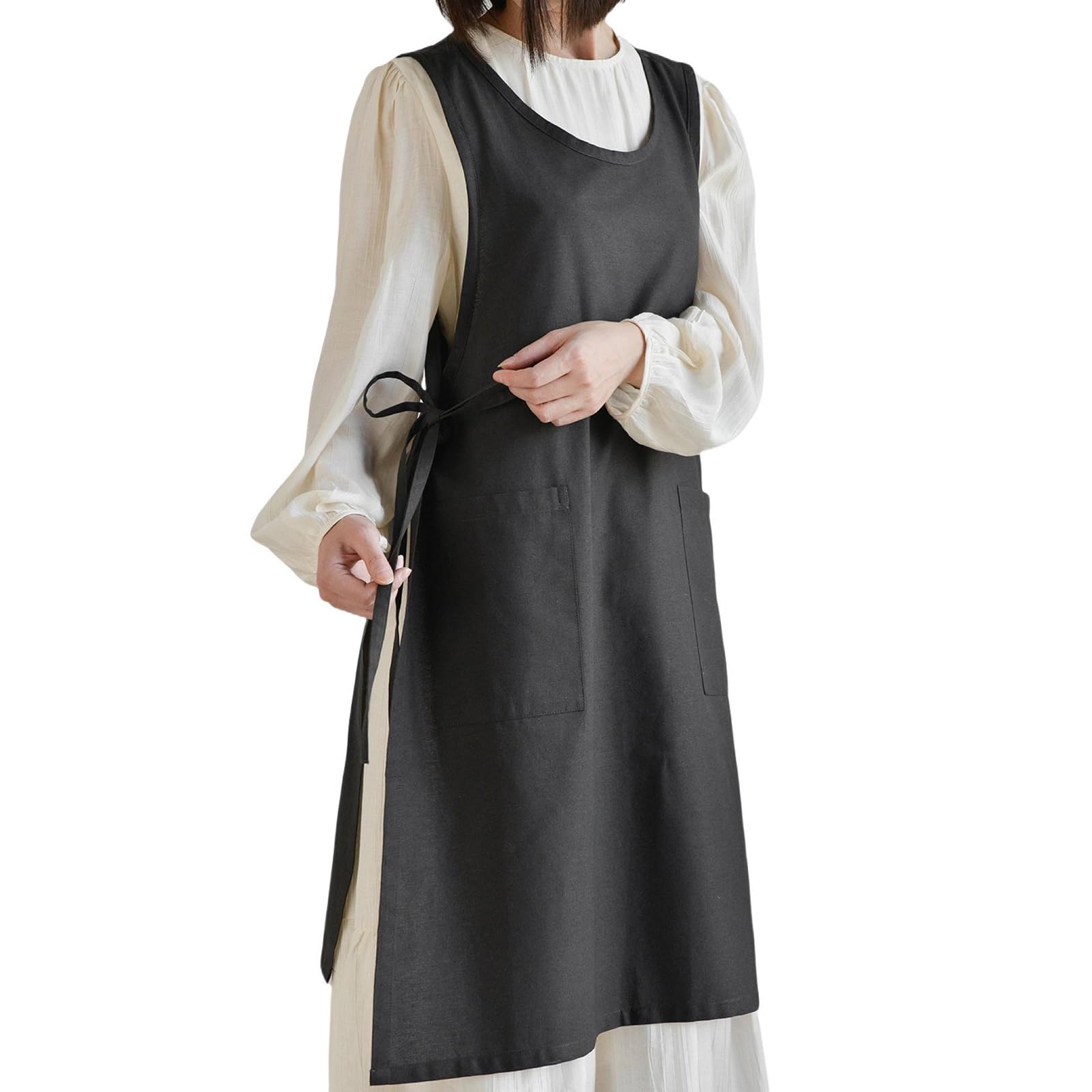 Grembiule In Cotone e Lino Per Donna con Lacci Laterali Scollo Rotondo Casual per Cucinare, Dipingere, Cucinare, Bar