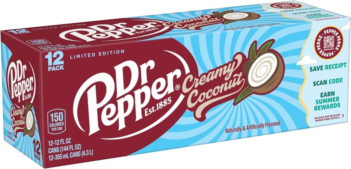 Dr. Pepper USA Creamy Coconut – 12 x 355 ml Dosen – Limitierte tropische Sorte mit Kokosnuss & Karamellnoten – Erfrischender Sommerdrink