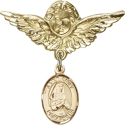 14kt Yellow Gold Baby Badge with St. Emily de Vialar Charm and Angel w/Wings Badge Pin 1 1/8 X 1 1/8 inches