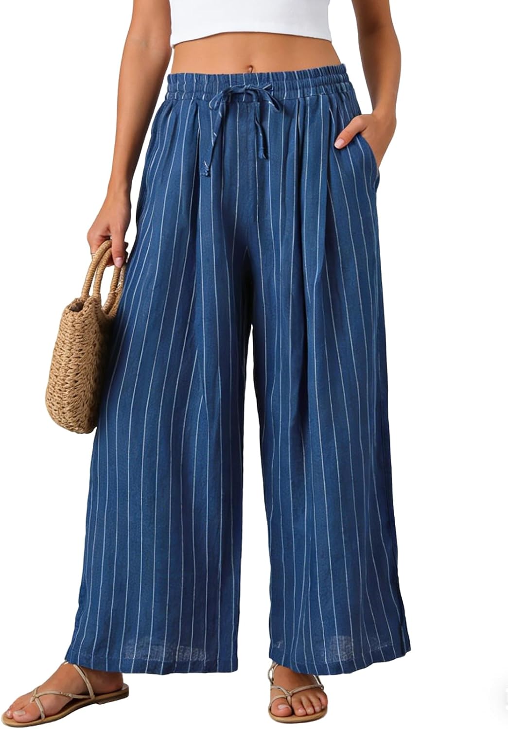 Roseelf Womens 100% Linen Pants Striped Wide Leg Drawstrings Elastic Waist Casual Palazzo with Pockets