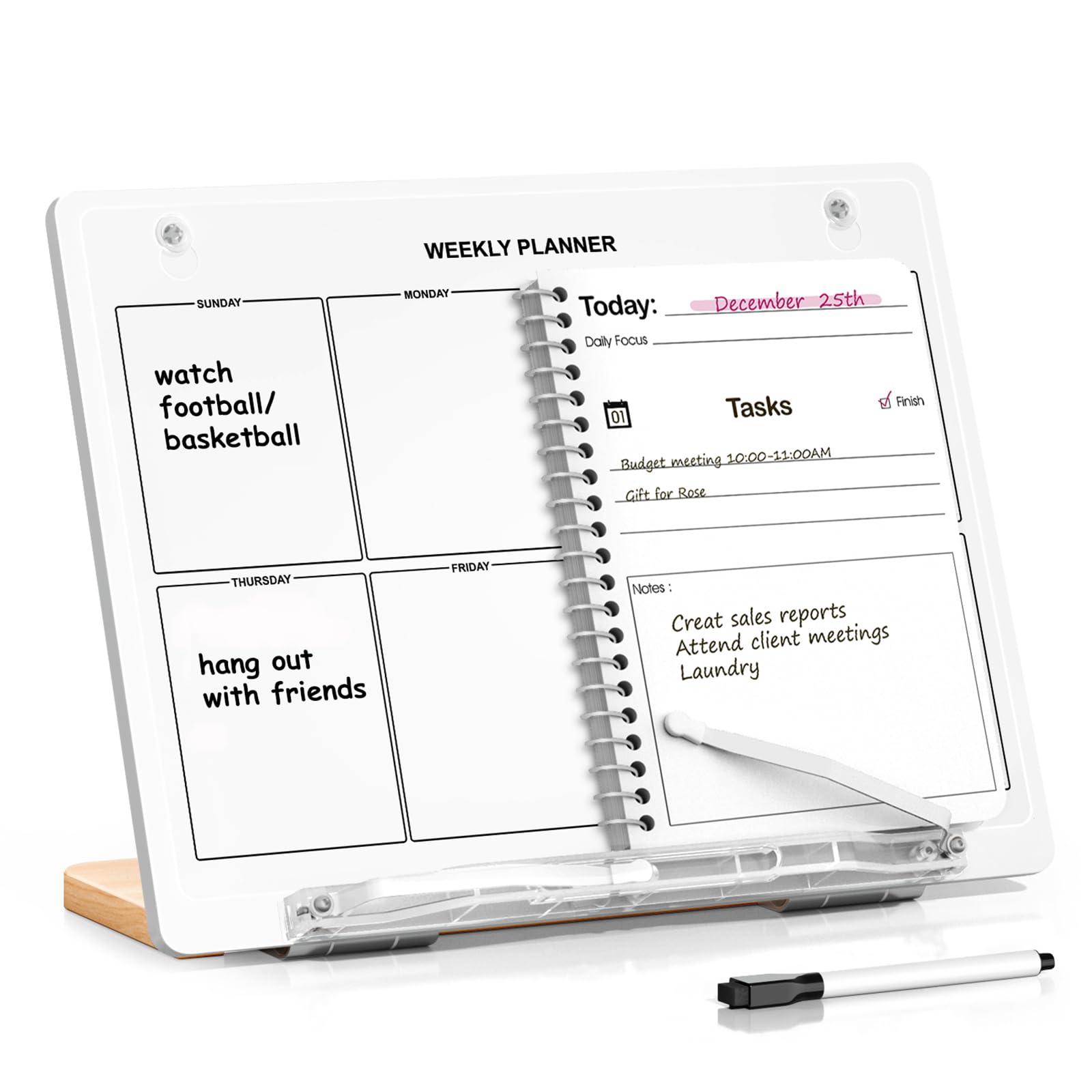 UPERGO Book Stand for Reading, Acrylic Book Holder for Desk with Weekly Planner, Angle Adjustable Recipe Book Stand for Kitchen