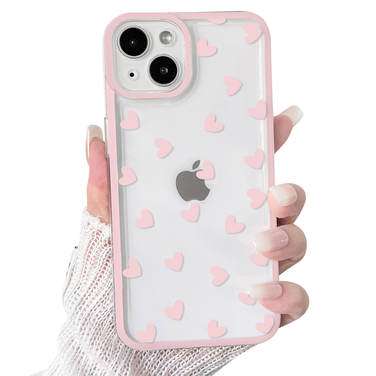 NITITOP Compatible with iPhone 13 Mini Case Cute Clear Light Pink Durable Love Heart Pattern for Girls Women Soft TPU Transparent Full Camera Lens