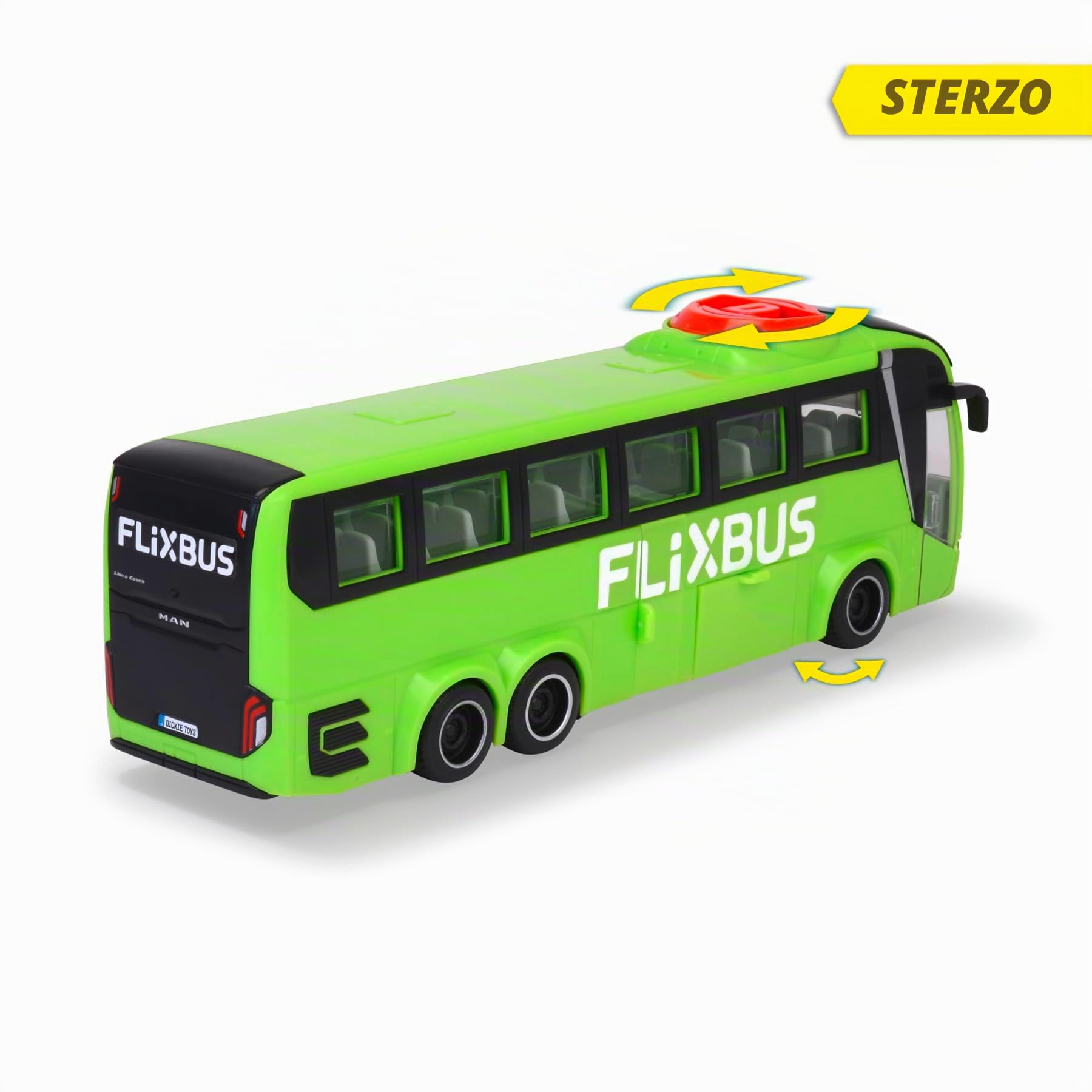 Dickie Toys - MAN Lion’s Bus FlixBus, Bus giocattolo 27 cm con porte e vano bagagli apribili, ruote libere e funzione di sterzo, modello ufficiale MAN e FlixBus, dai 3 anni, 203744015