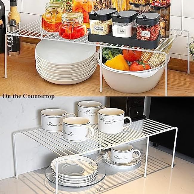 Expandable Cabinet Storage Organizer Shelf, Freezer Shelf Kitchen Cabinet Pantry Spice Rack for Plate Cup Organizer with Scratch Resistant Feet, 2 Sets