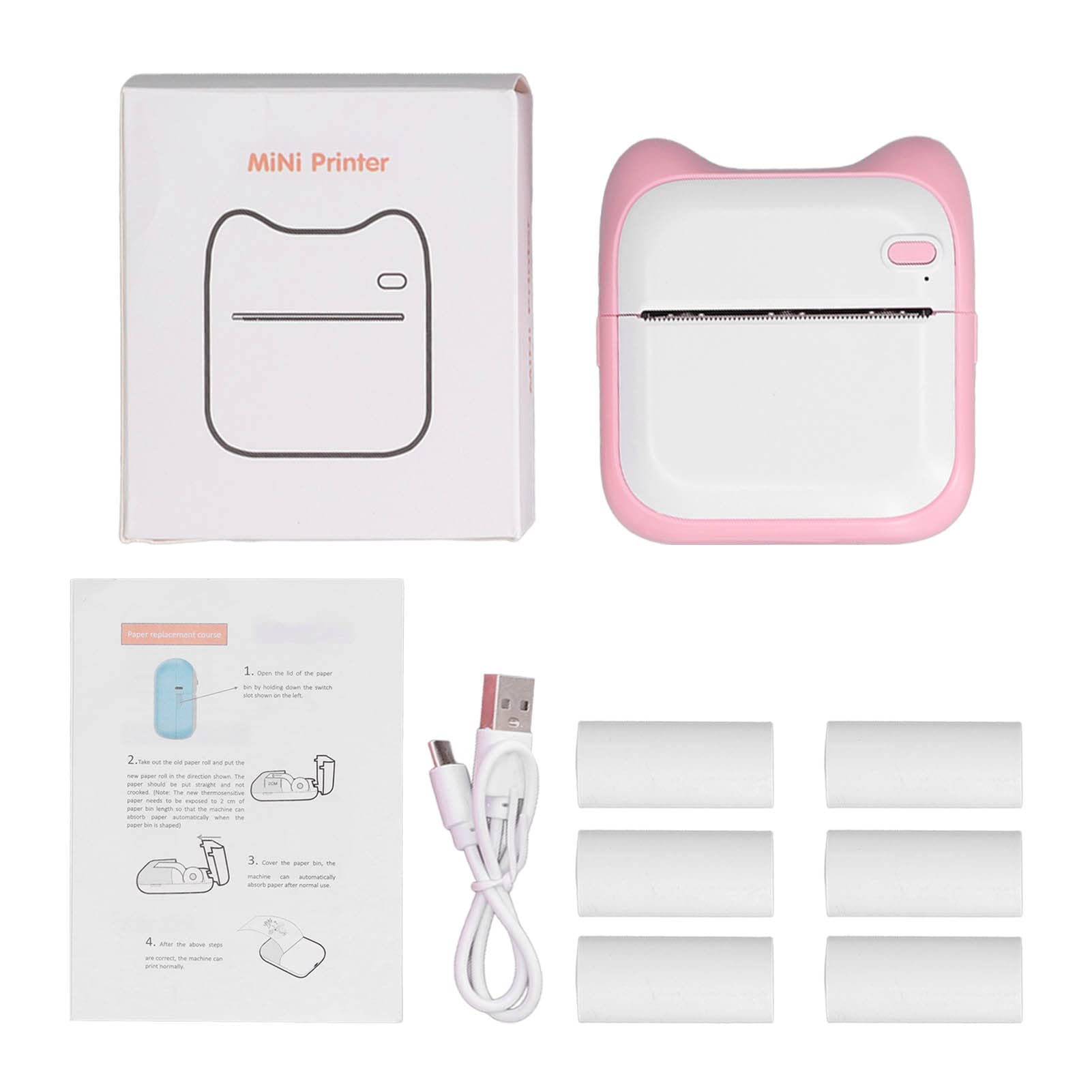 TANIQIACA Thermal Printer Direct Connection, USB Charging 1000mAh Mini Picture Printer, 203DPI Portable with Printing Paper Pink