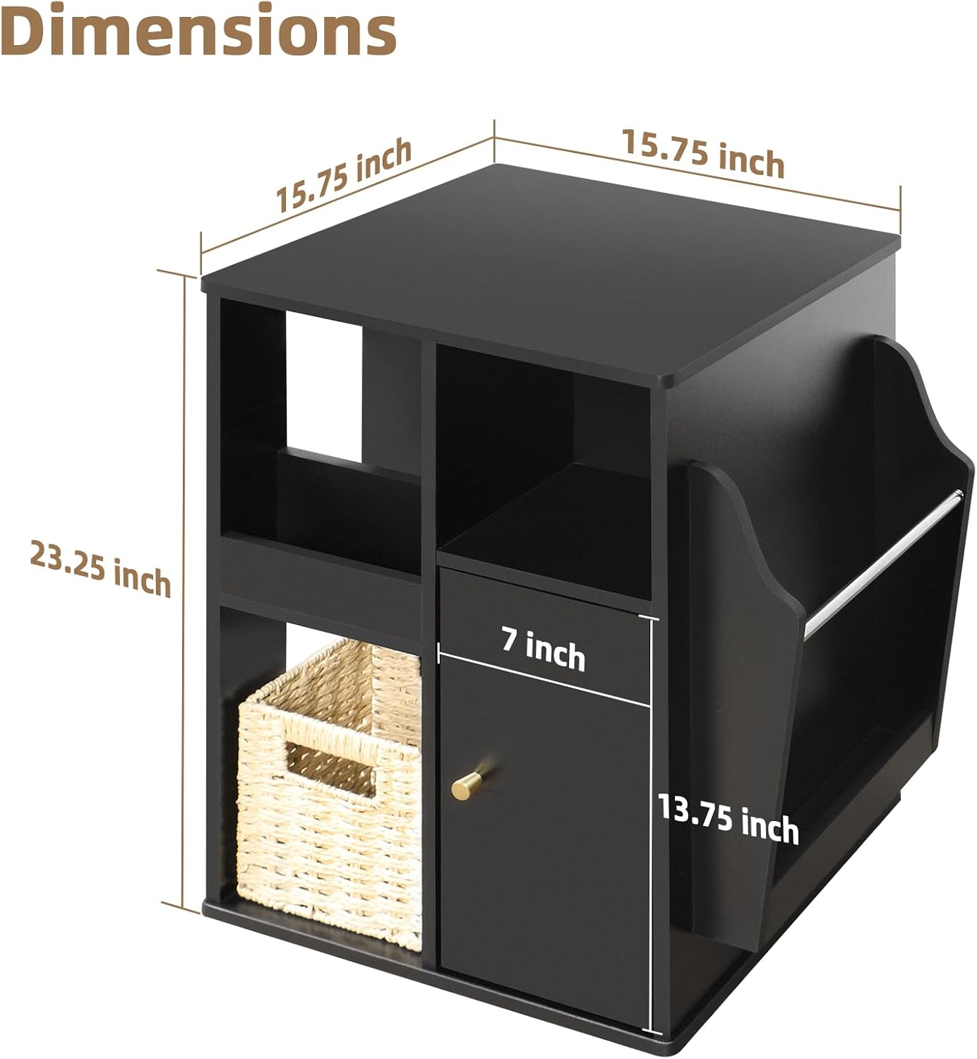 TooCust Rotating End Table with Storage, Square Rotating Side Table Living Room, Side Table with Magazine Holder, Basket and Cabinet, Swivel End Table with Multiple Storage (Black)
