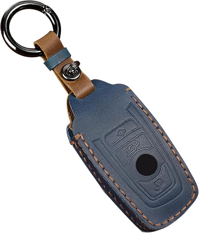 Capa para Chave de Carro em Couro Legítimo OLLEN, Modelo B Quadrado, Azul-petróleo, Compatível com BMW, Sem Parafusos
