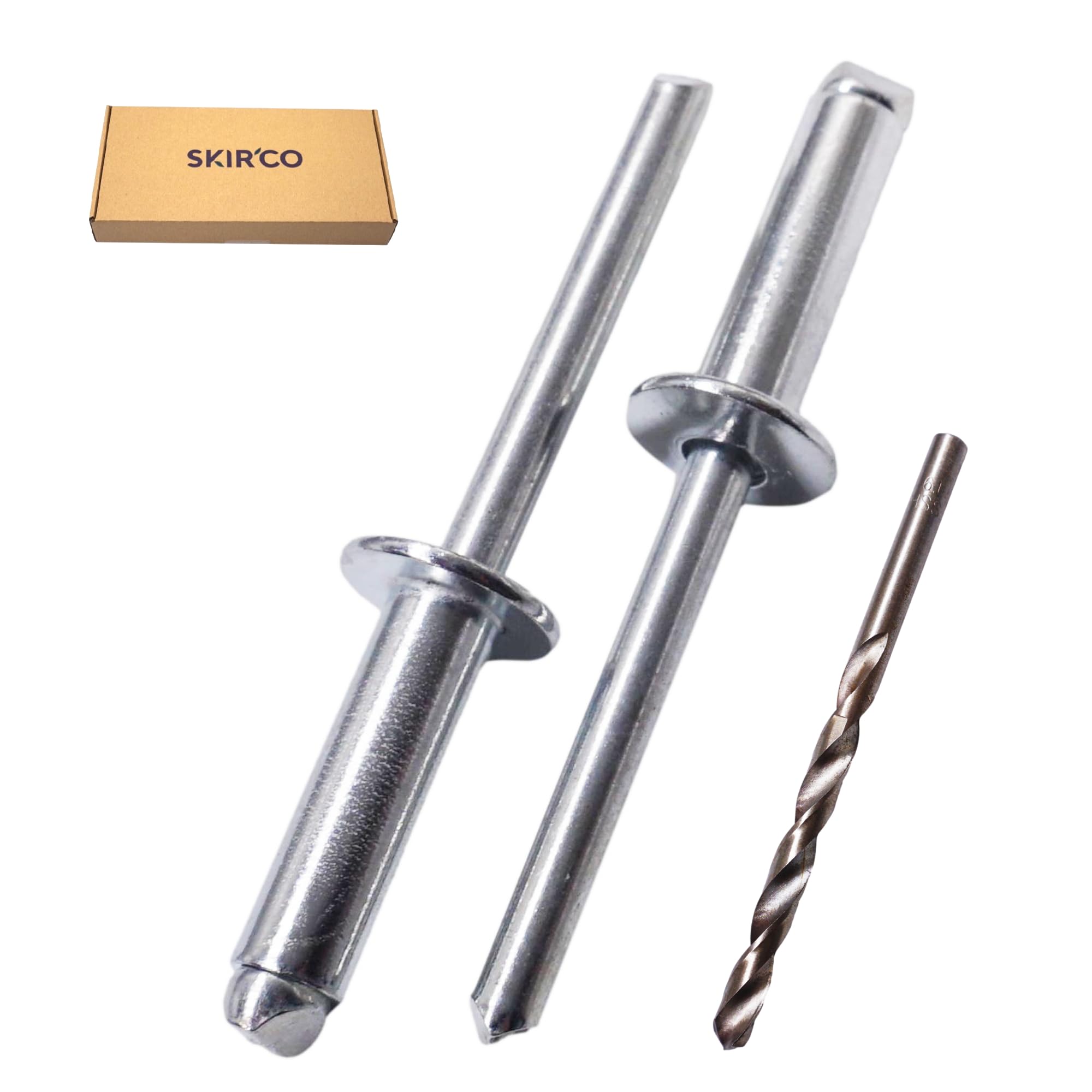 SKIR'CO Lot de 100 rivets aveugles en acier zingué 6,0 x 20 mm Mandrin en acier, rivets pop tête bombée DIN 7337 Rivets, foret inclus