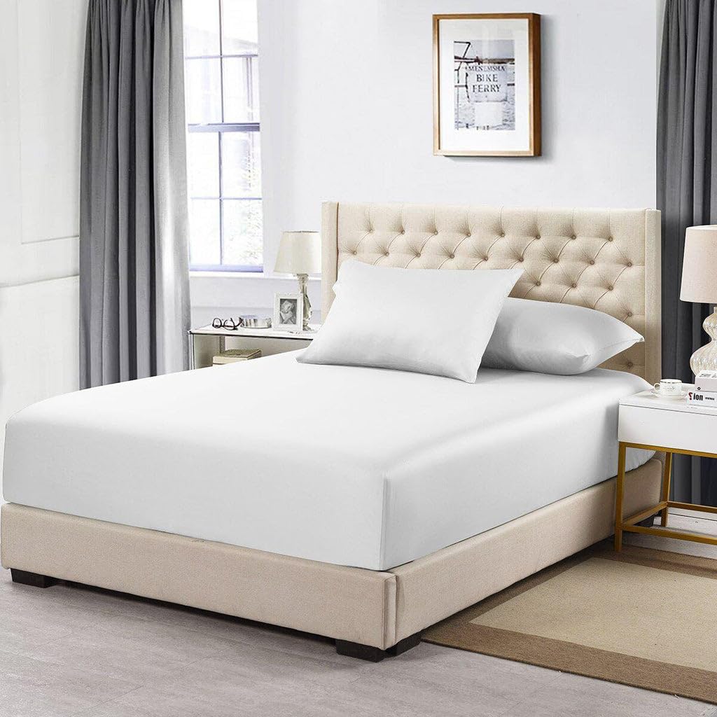 Made in USA- Low Profile Fitted Sheet Only (6-10 Inches) Pure Cotton 608 Thread Count, Queen Size Bottom Bed Sheet, Solid White