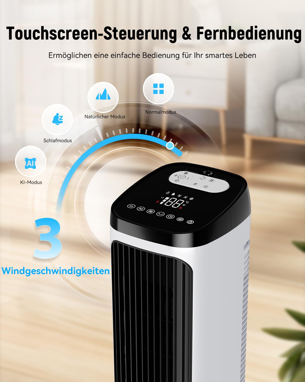 PNTCK Turmventilator mit Wasserkühlung Eispacks, 12H Timer, 4 Modi, 3 Geschwindigkeiten, 80° Oszillation, Tragbarer Luftkühler mit Fernbedienung, Verdunstungskühler für Schlafzimmer, Wohnzimmer