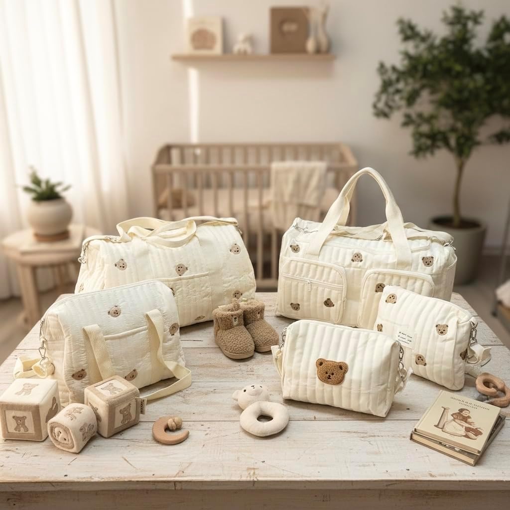 Quilted Diaper Bag with Bear Embroidery, Cotton, Adjustable Strap, Casual Style for Stroller, Cream White