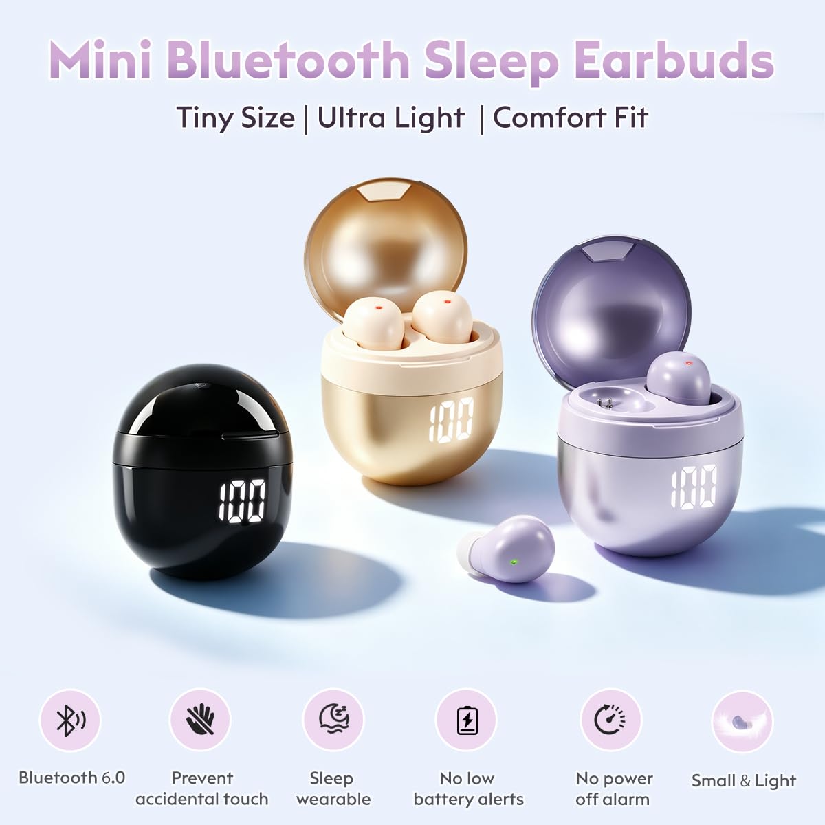 Mini auriculares inalámbricos para dormir de lado, auriculares invisibles de 2,27 g para orejas pequeñas, auriculares Bluetooth 6.0 para dormir, sin sonidos de alerta, pantalla LED