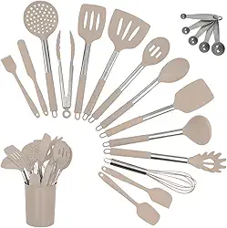 Kit 15 Utensílios De Cozinha Com Cabo De Inox e Silicone Premium (Creme)