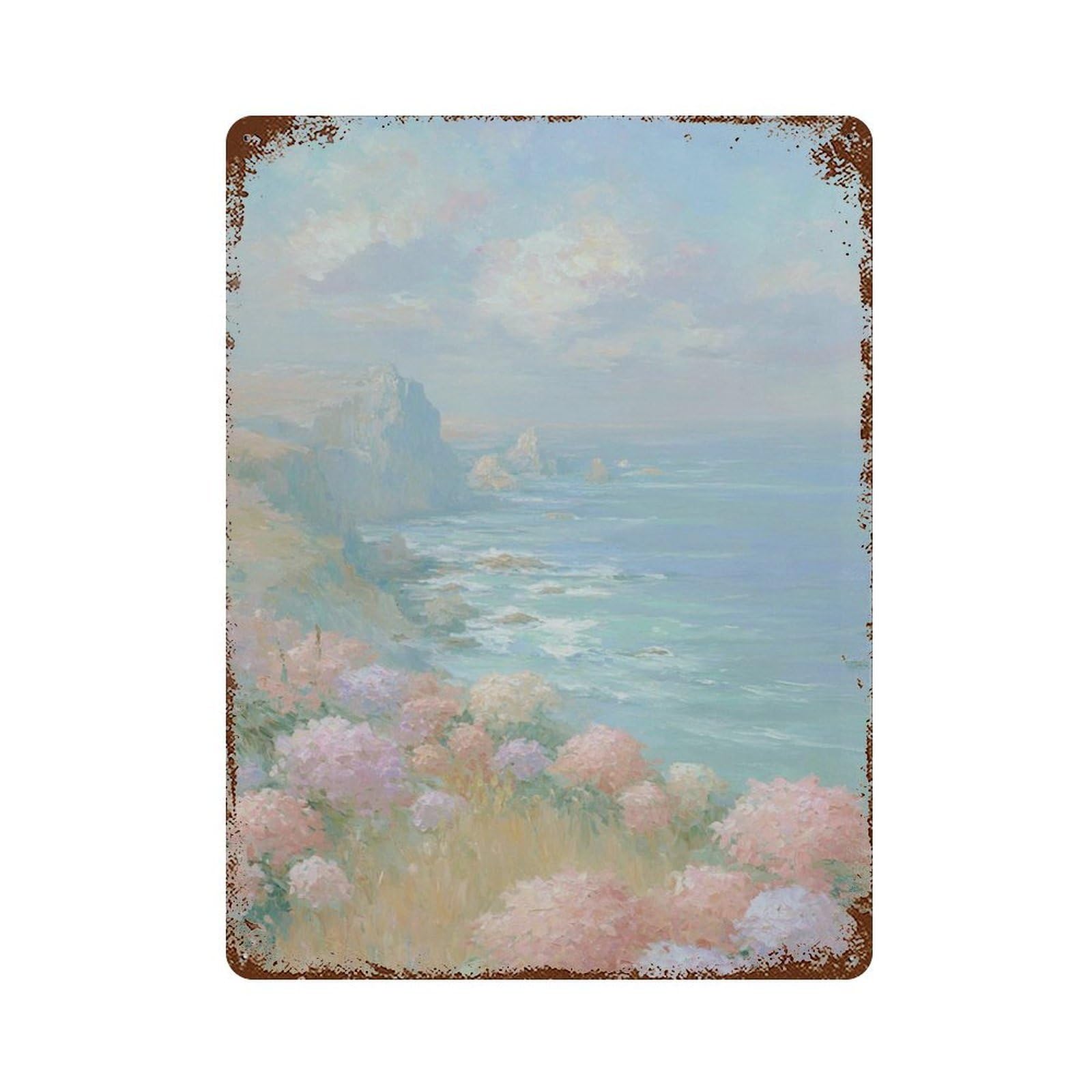 xiaoxiaoshen Coastal Flowers Pastel Seascape Impressionist Ocean Painting Serene Landscape Ro Wall Decor Art Metal Tin Poster Modern Home Decor Art Home Bar Shop Decorations Vintage Sign 40x30cm