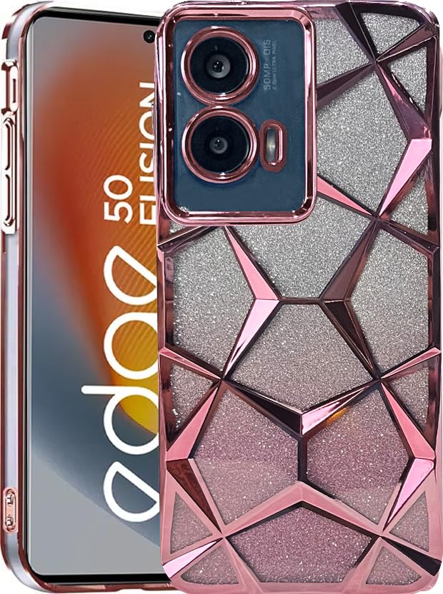 Image of VONZEE Gradient Glitter Case for Moto Edge 50 Fusion /Moto G96, Luxury Electroplated 3D Cube, Diamond Bling Shiny Soft TPU Clear Shockproof Women Girls Protective Phone Cover (Rose Gold)