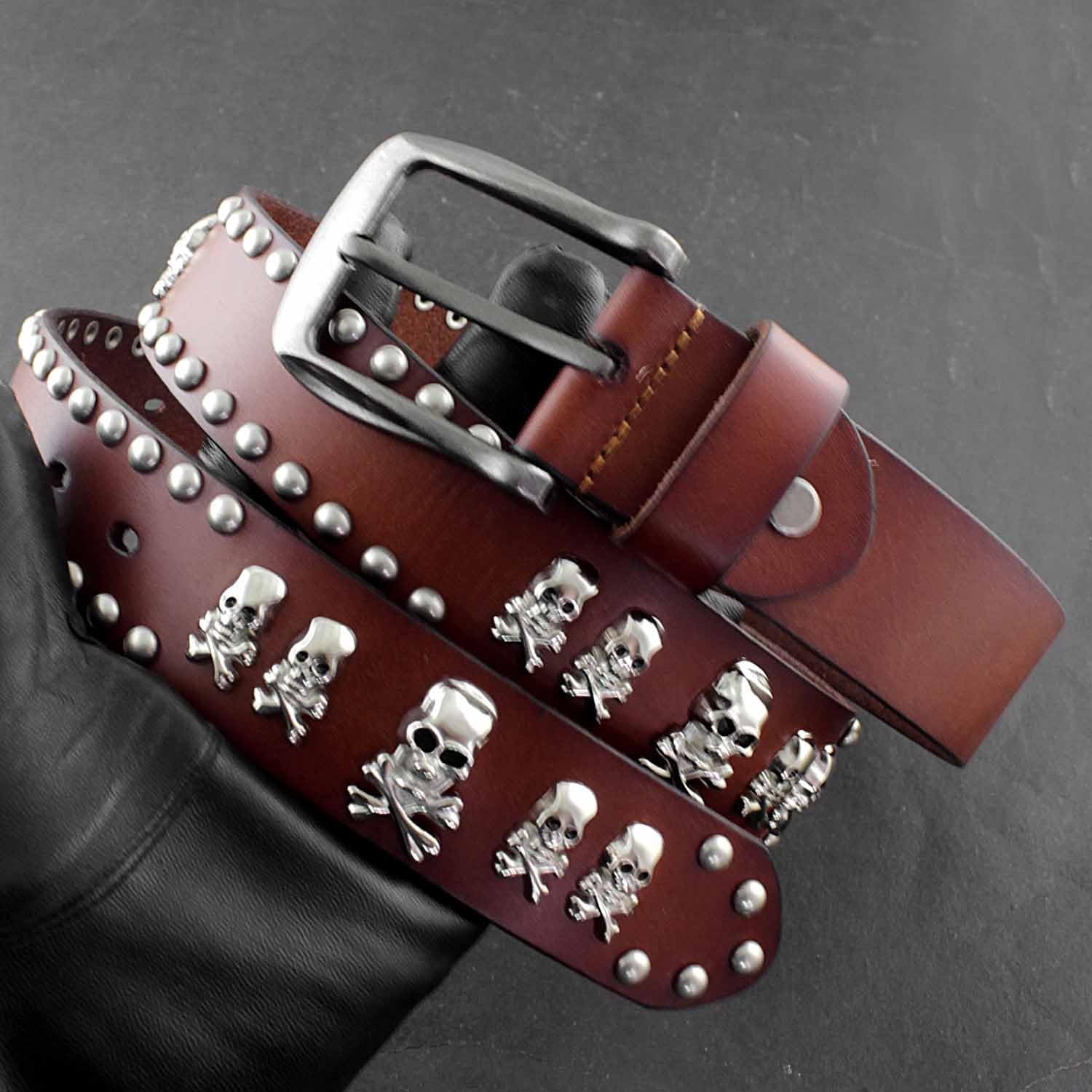 Skull Studded Rivet Genuine Leather Punk Rock Belt Mens Waistband Brown/black (Brown,120cm)