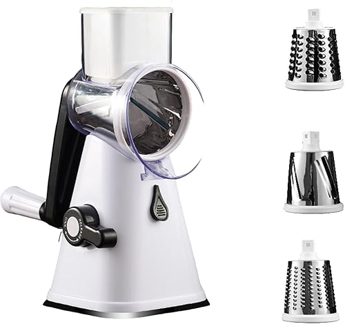 Camidy Rallador de queso giratorio de mano - 3 cuchillas de tambor intercambiables de acero inoxidable manual redondo cortador de verduras molinillo