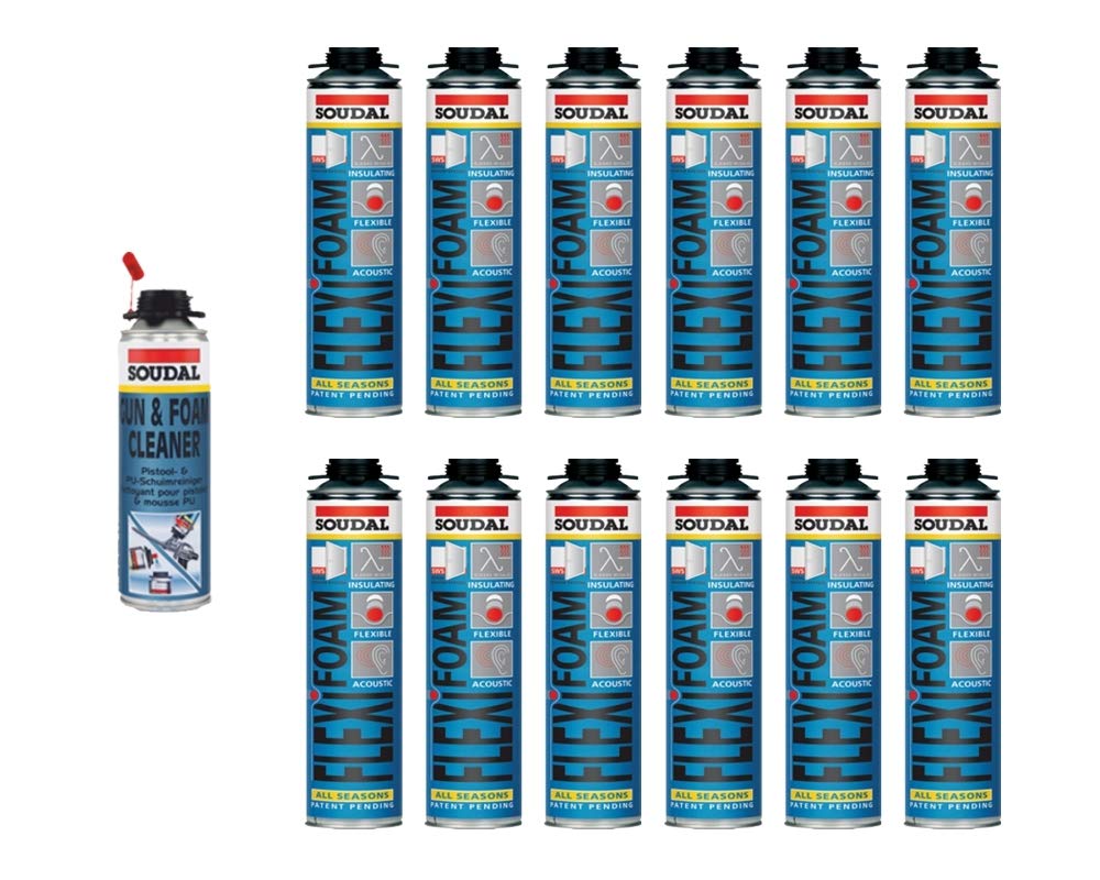 Soudal Juego ahorro de 12 x espuma para ventanas Flexifoam 500 ml + limpiador de pistolas