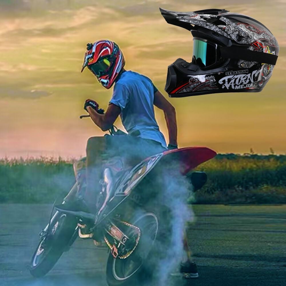 Casco Integral para Motocross Homologado por La Dot - Kit Completo de Casco para ATV para Adultos Y NiñOs con Gafas, Guantes, MáScara, Visera Ajustable Y Cierre RáPido