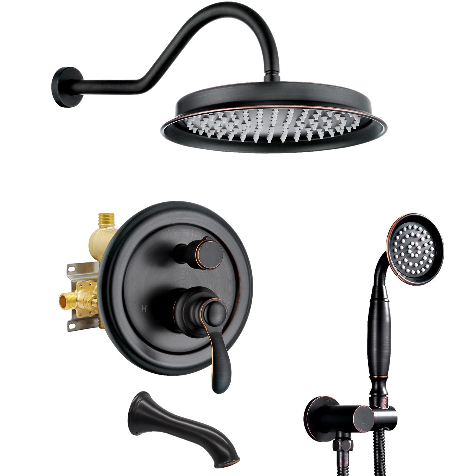 Antique Shower System with Tub Spout: 9 inch Vintage Rain Shower Faucet, Wall Mount Rainfall Head and Handheld Spray, 3 Way Diverter Brass Valve with Trim Kit, Oil Rubbed Bronze