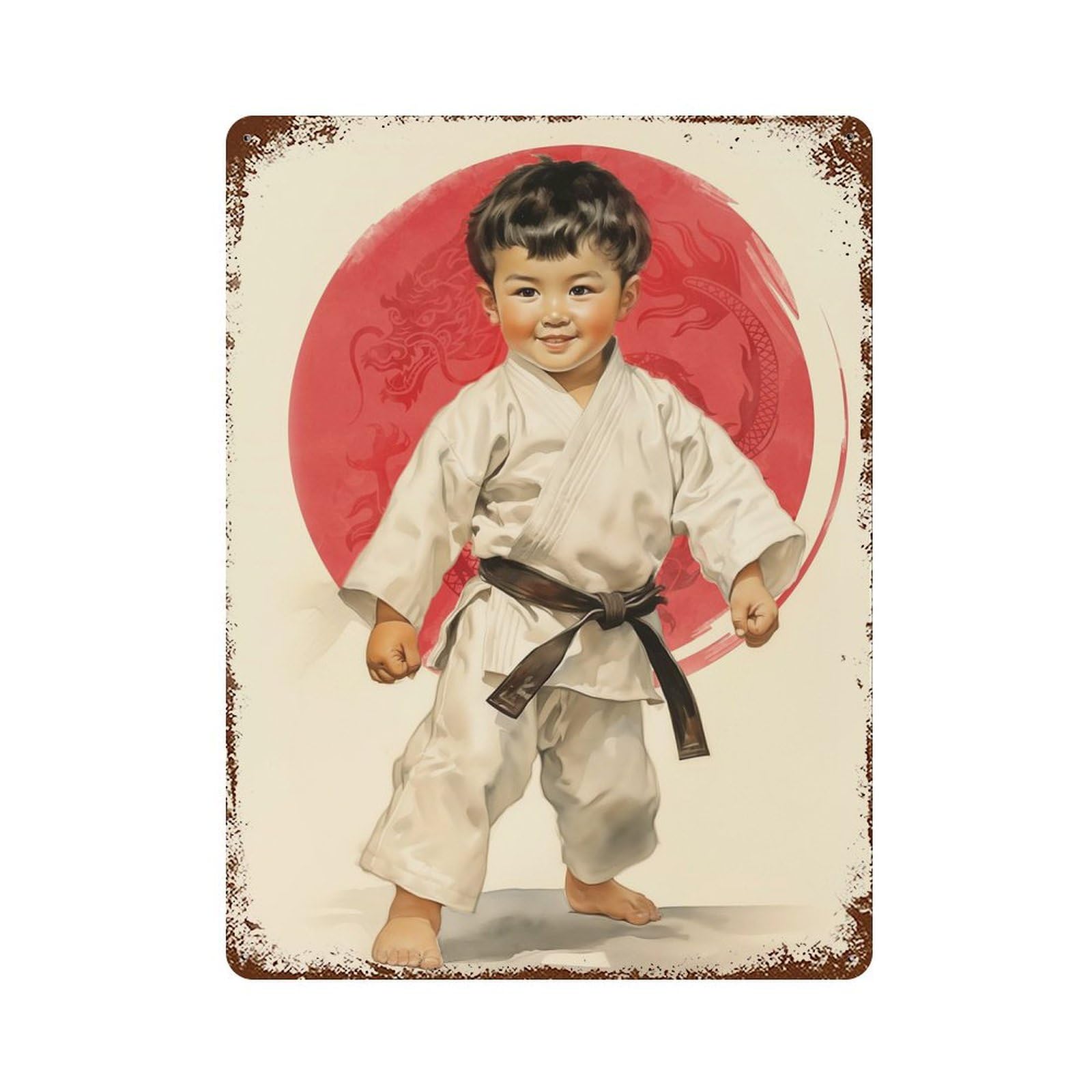Rust Effect Karate Boy Decorative Tin Sign 15.7"x11.8", Vintage Wall Decor for Farmhouse, Kitchen And Entryway Decor