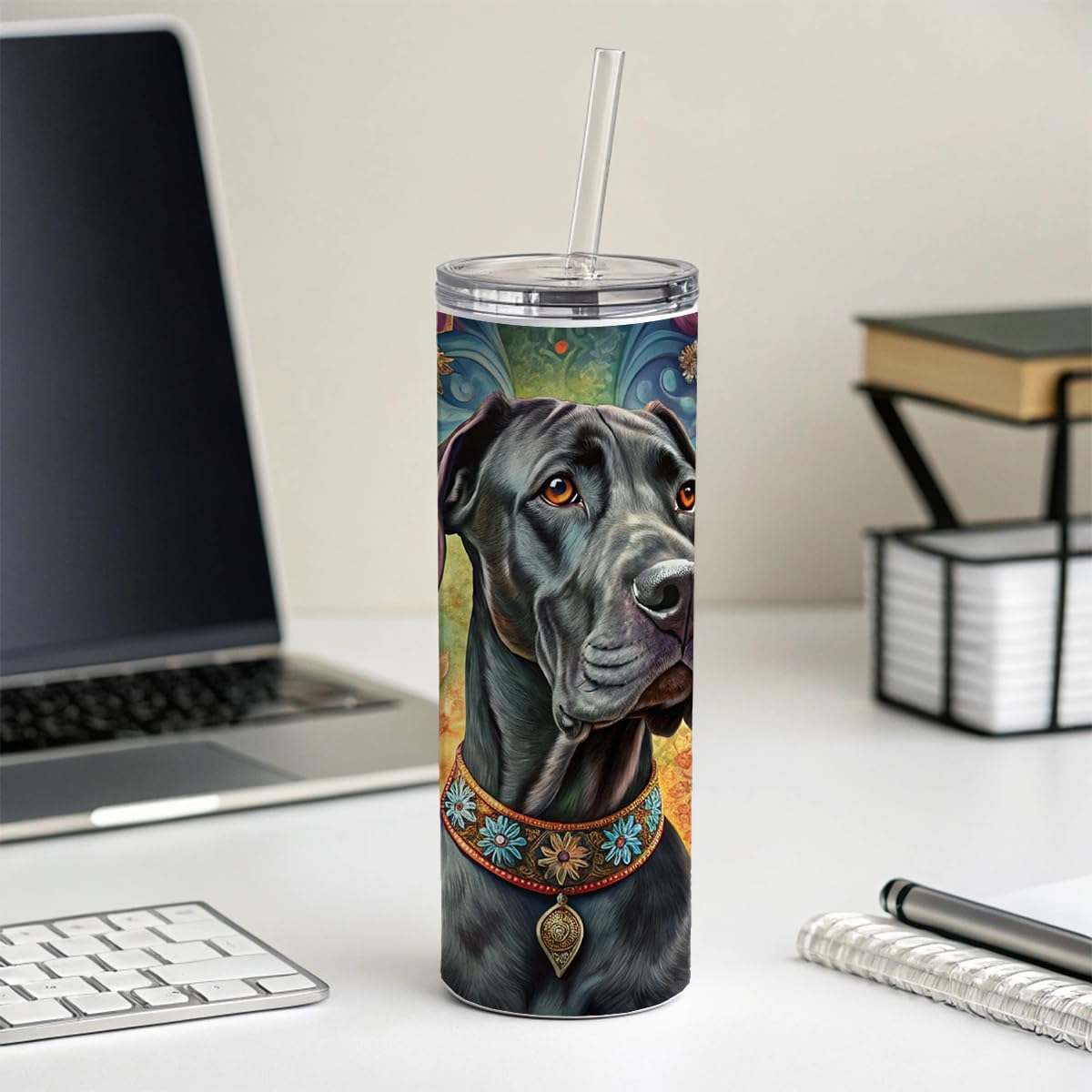 Great Dane Dog French Bohemian Art Skinny Tumbler 20oz with Straw Insulated Water Bottle Gift
