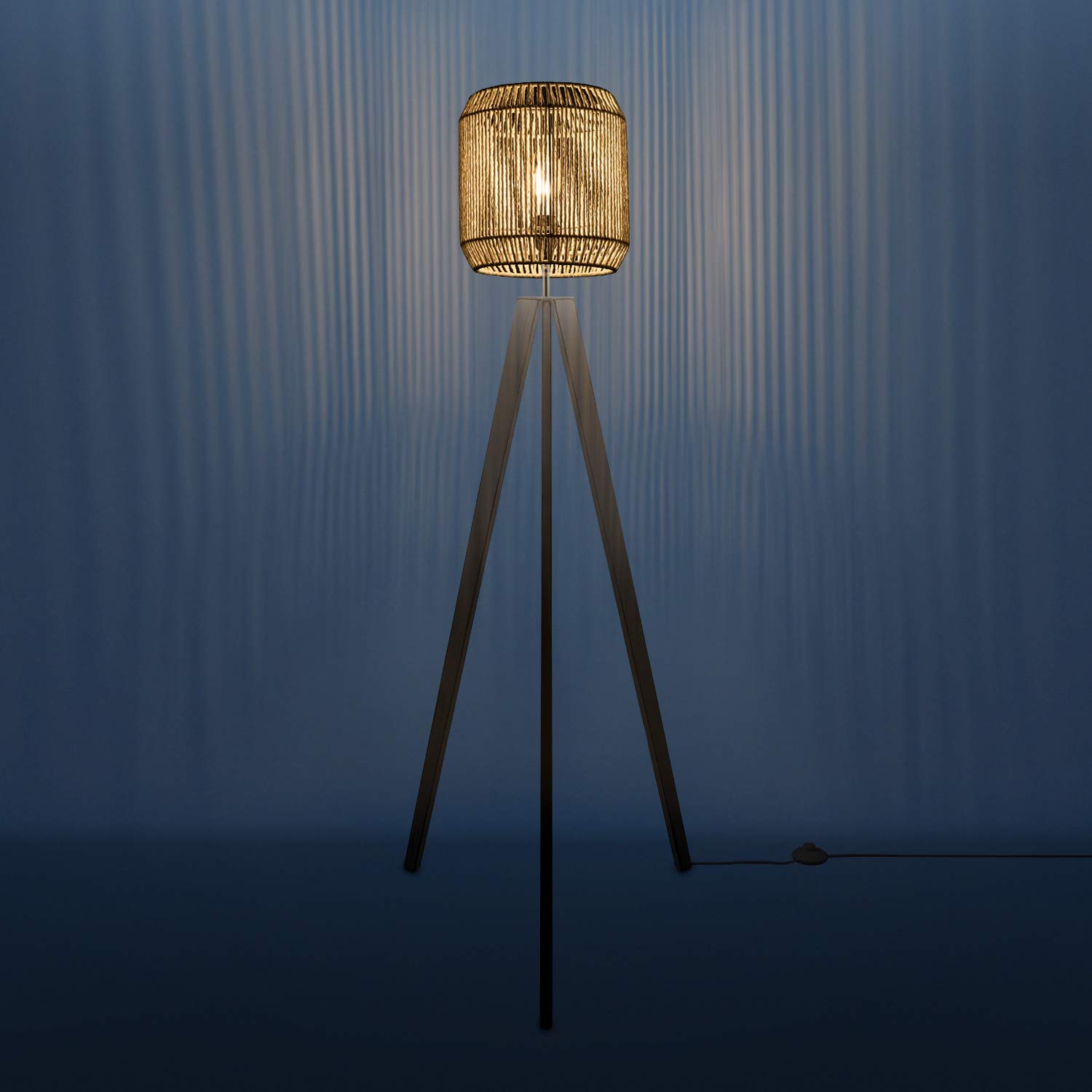 Paco Home Lampada Da Terra Effetto Rattan - Stile Boho Per Soggiorno E Camera Da Letto - Bianco Con Paralume Bianco 33 Cm