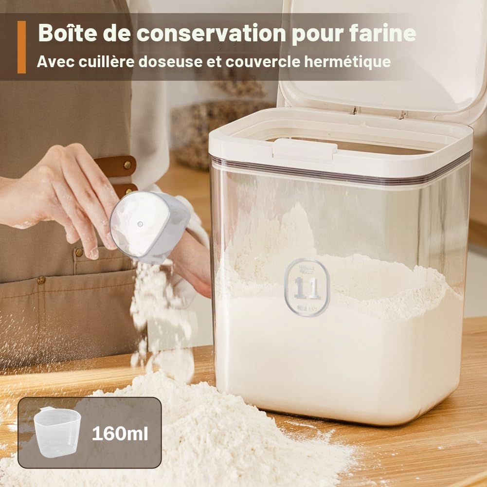 Contenant de Riz 10kg avec Tasse de Mesure, Couvercle Flip-top | Bocuse de Stockage de Farine 11Litres sans BPA, Boîte Hermétique pour le Stockage de Nourriture Sèche pour Cuisine