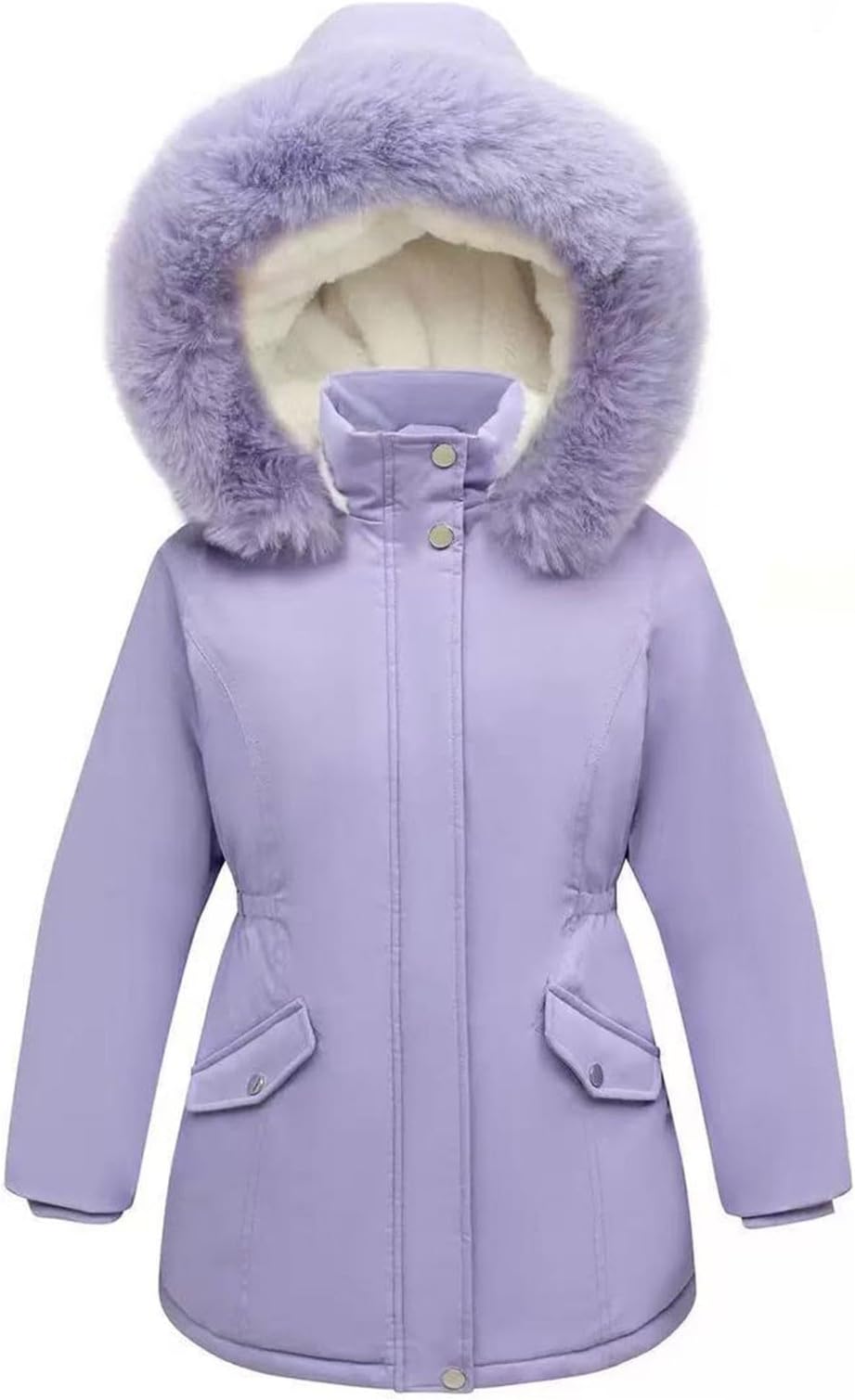 Girls Winter Jackets Fleece Line Windproof Long Coats with Faux Fur Hood Kids Heavyweight Warm Padded Jackets Long Sleeve Zip Up Outwear