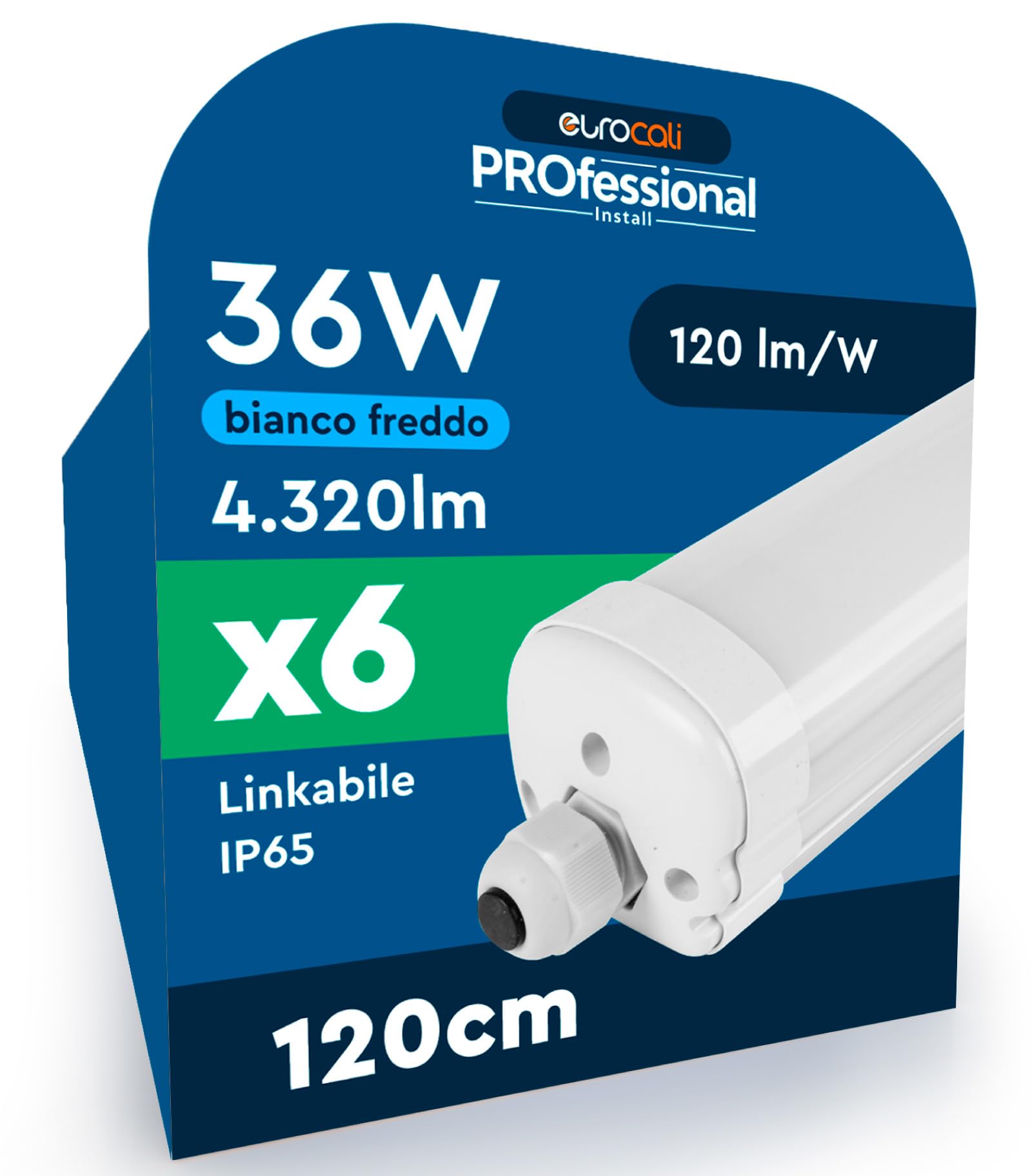6 Plafoniere LED Impermeabili 36W 120CM 4320 Lumen Waterproof IP65 - Luce Fredda 6500K - Tubo Plafoniera Lineare Fascio 120° per Box Garage Magazzino e Ufficio con Alta Luminosità 120 lm/W