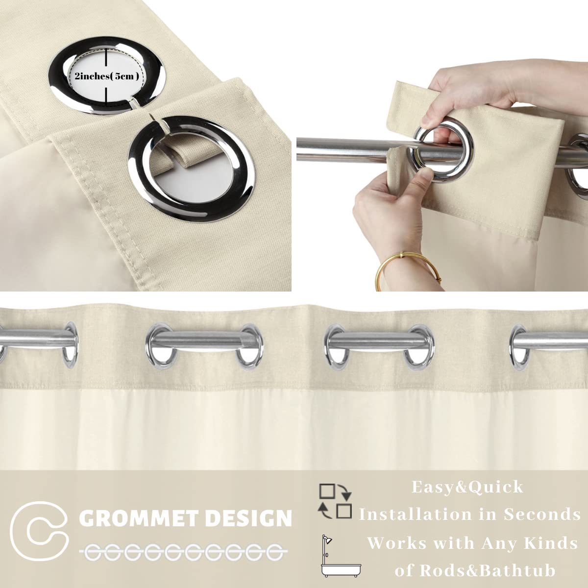 Duschvorhang, 180 cm B x 200 cm H, Stoff, Hakenfrei, lang, mit Polyester-Magnet, Snap-In-Futter, oben durchsichtig, mit Netzfenster, Hellbeige