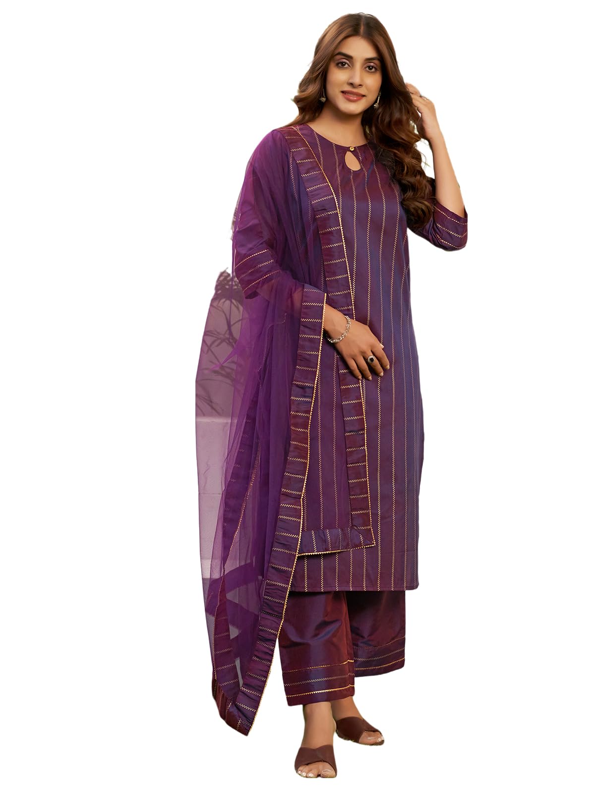 Sanisa Women's Silk Blend Foil Printed Gota Lace Dual Tone Straigth Kurta With Pant And Dupatta Set| Ethnic Set | Suit Set | Kurta Set(103Kbd1127N-M_Deep Purple)