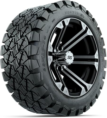 GTW Combo de ruedas y neumáticos para carrito de golf de 14 pulgadas  Ruedas de espectro mecanizadasnegras en neumáticos Timberwolf todo terreno