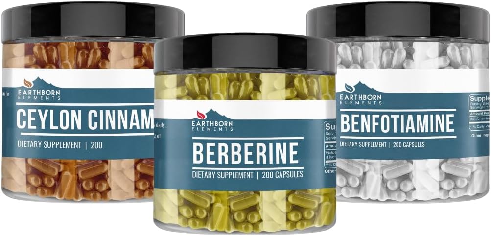 Earthborn Elements Ceylon Cinnamon, Berberine, & Benfotiamine Capsule Bundle (200 Capsules Each), Pure & Undiluted, No Additives