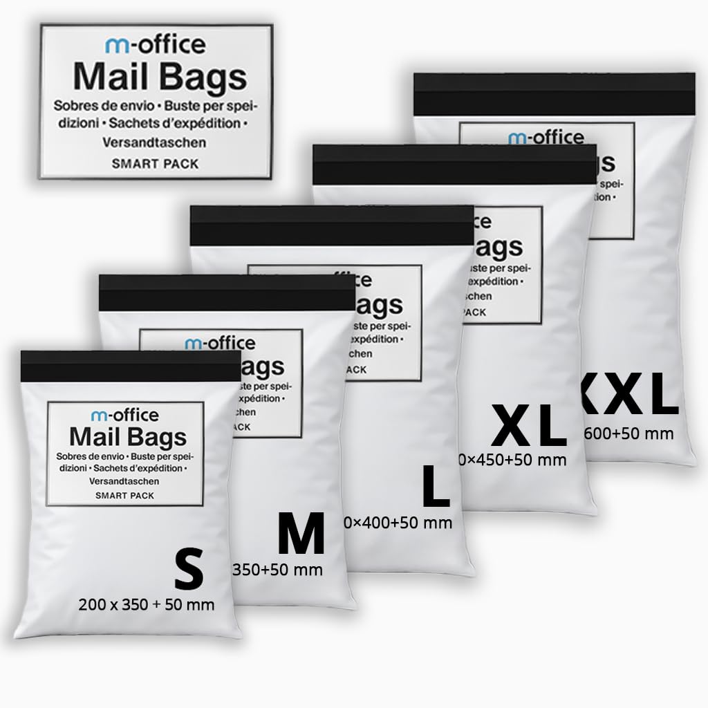 M-office Buste Spedizione Adesive 25 pz Mix 5 Taglie (S a XXL) Buste Spedizione Impermeabili Autoadesive Resistenti per Abbigliamento, Pacchi e Negozi Online – Riciclabili con Chiusura Forte