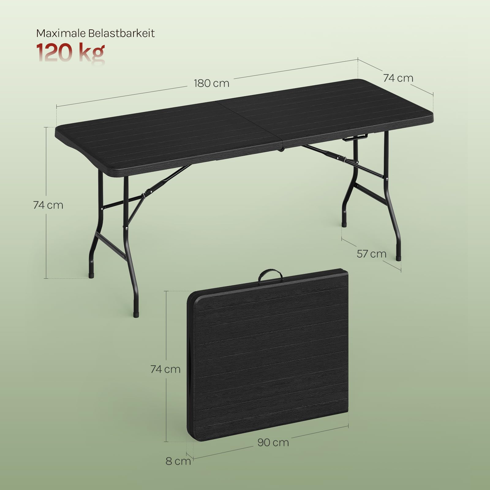 WOLTU Klapptisch 180x74cm, Gartentisch mit Tragegriff, Klappbar & Tragbar & Wetterfest, aus HDPE + Metall, Campingtisch 8 Personen für Garten Terrasse und Balkon, Schwarz