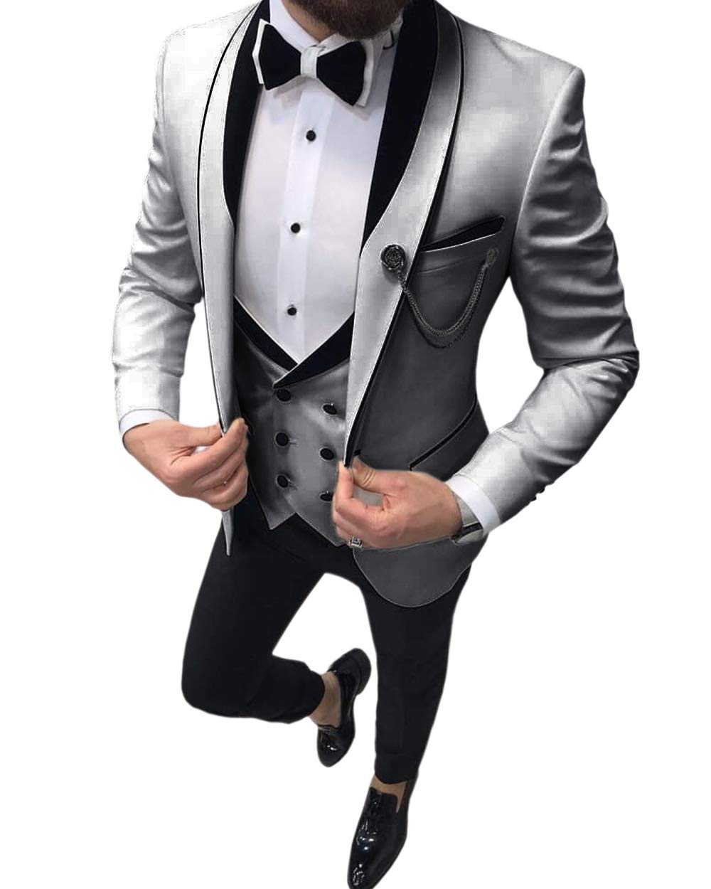 Solove-SuitMen's 3 Pieces Formal Mens Suit Slim Fit Lapel Tuxedos for Wedding Groomsmen(Blazer+Vest+Pant)