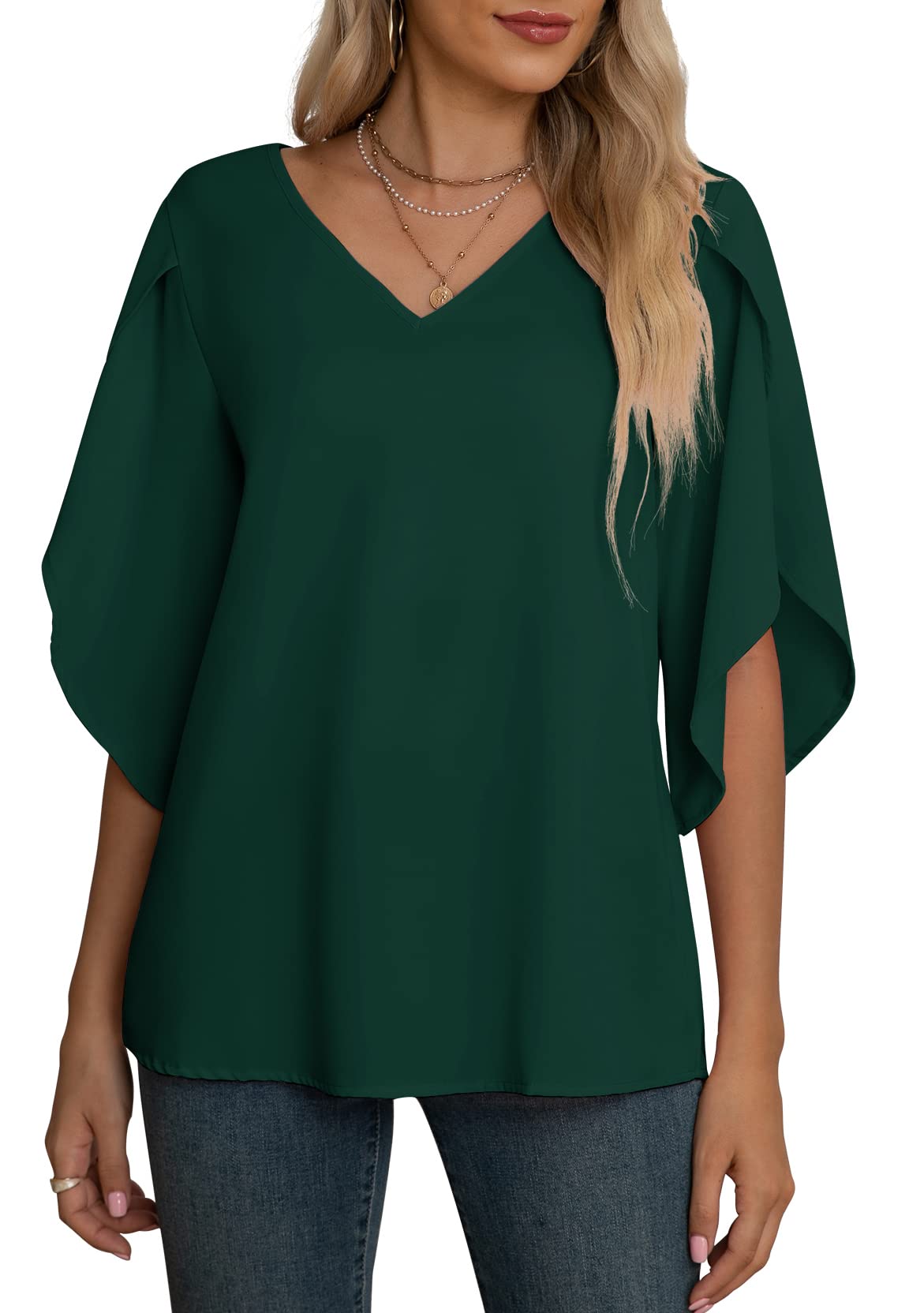 Yommay Blusa de gasa para mujer, elegante, casual, holgada, manga 3/4 con volantes, cuello en V, blusa de verano