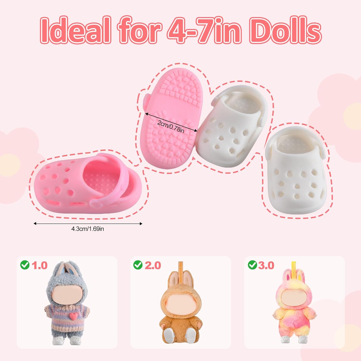 Cute Doll Shoes for Labubu, Premium Doll Shoes for 4-7in Dolls, Compatible with Labubu Doll Clothing & Outfits, 2 Pair of Clog Shoes(Pink and White)