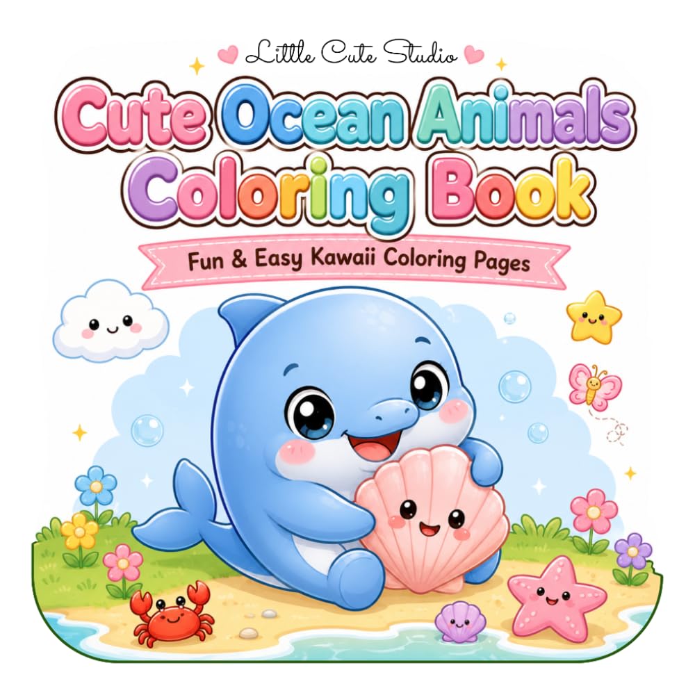 Cute Ocean Animals Coloring Book: Fun & Easy Kawaii Coloring Pages Featuring Dolphins, Whales, Sea Turtles, Sharks, Octopuses, Crabs, Seahorses, Jellyfish, Starfish & More