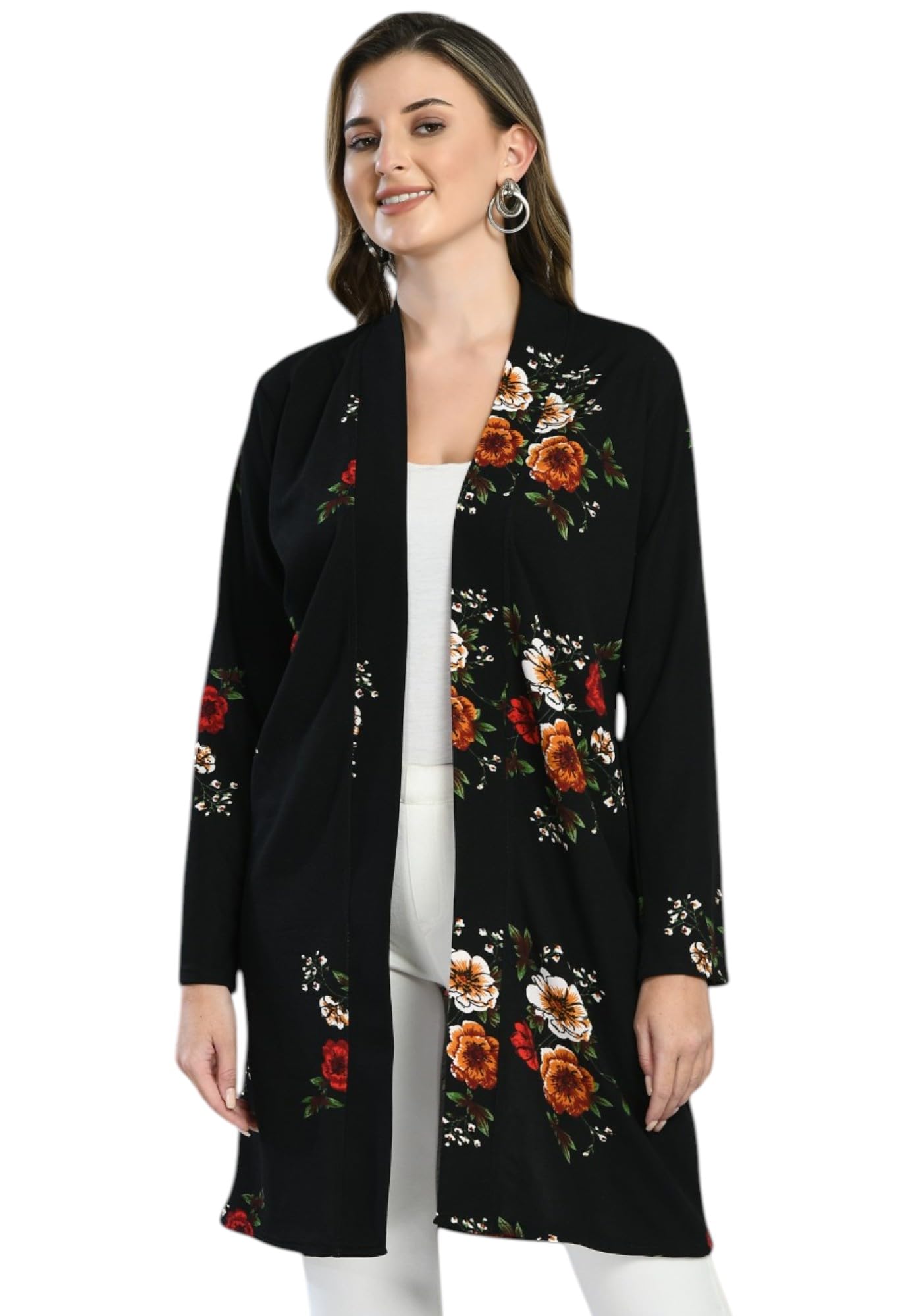 Black Floral Printed Long Shrug for Women