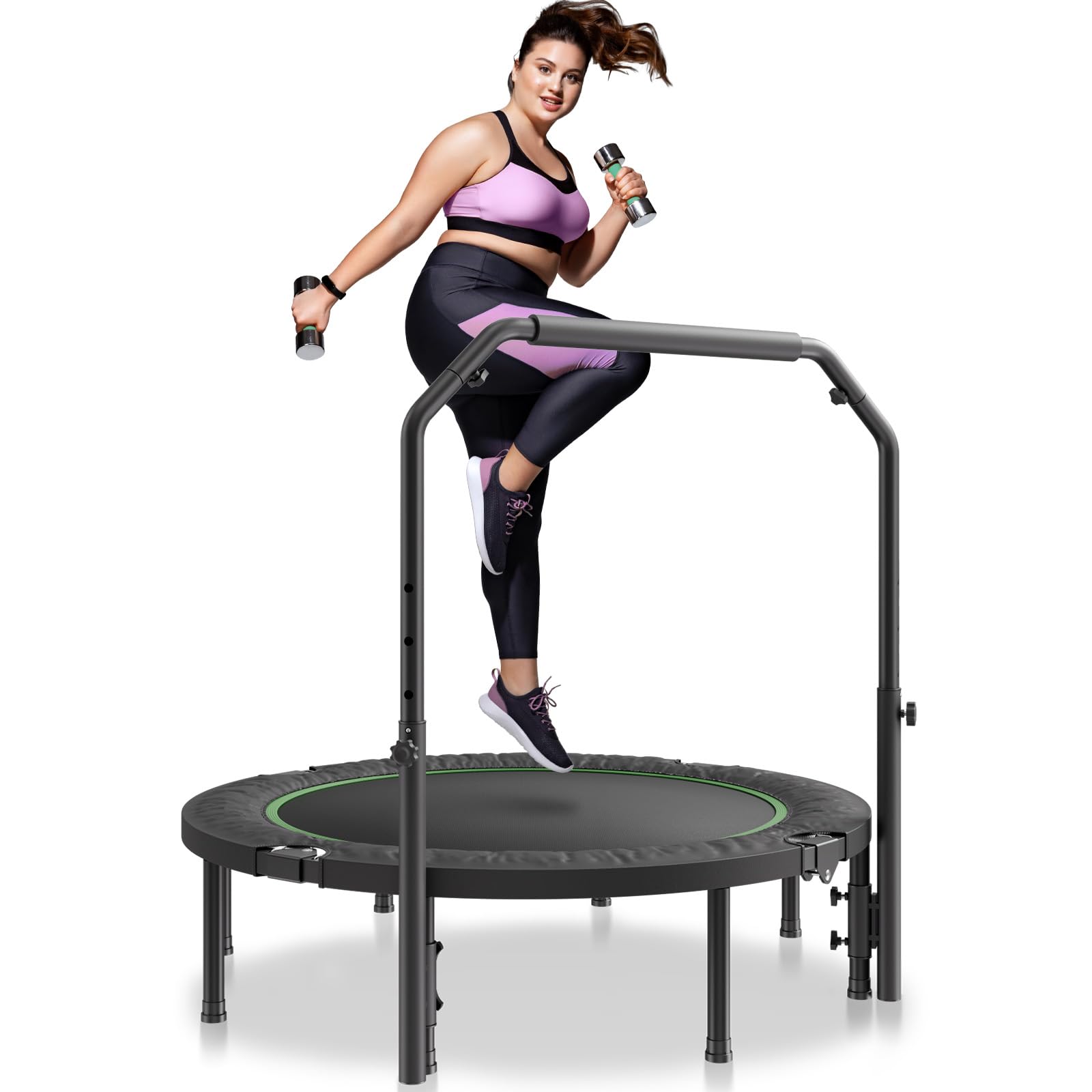 VEVOR Mini Trampoline Pliable, 1315 mm, Fitness rebounder, Charge Max. 205 kg, Stable et Silencieux avec poignée en Mousse réglable en Hauteur à 4 Niveaux, pour entraînement intérieur/Jardin Adultes