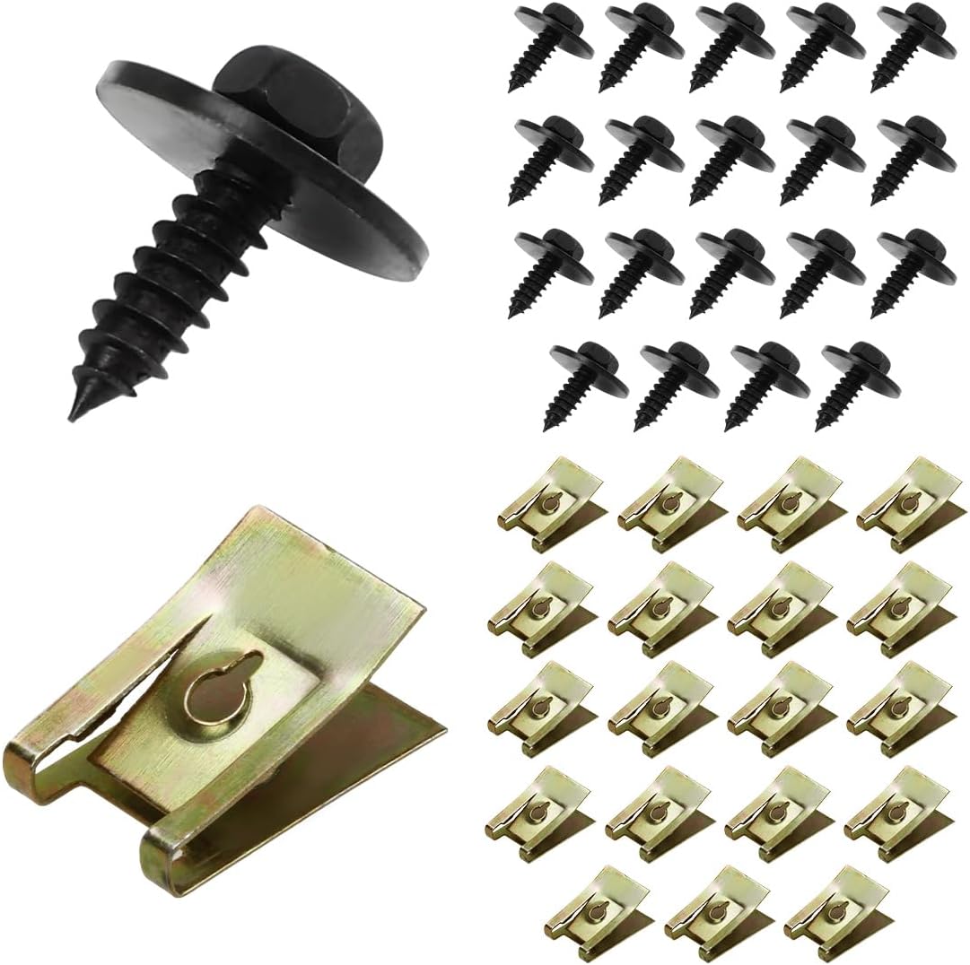Ohleats 40 PCS Car Bumper Cover Screws and U-Nuts Clips with Splash Shield, Automotive Body Fender Bumper Retainers, Car Accessories