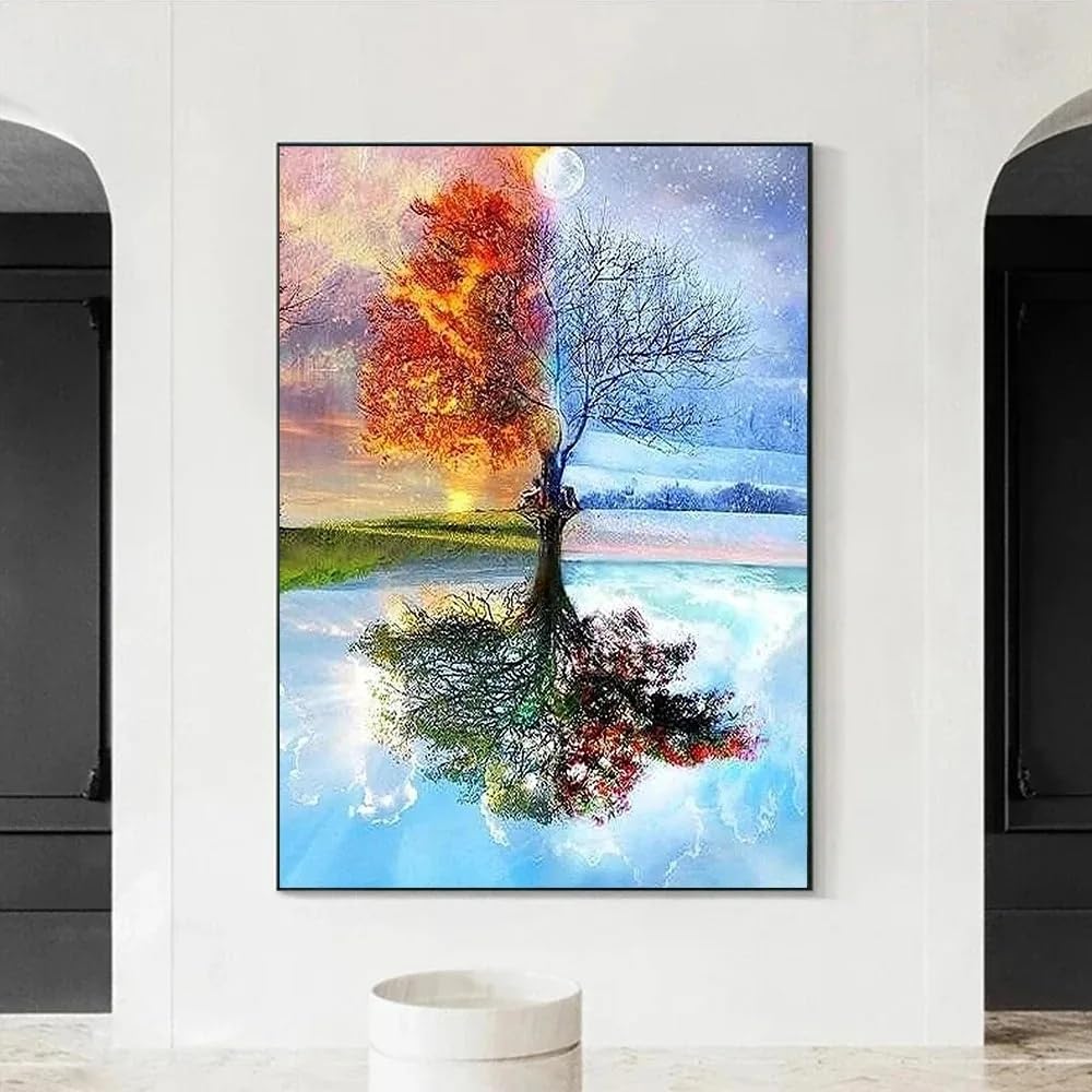 Póster abstracto del Árbol de la Vida, cuadro moderno de paisaje con árboles de las cuatro estaciones para decoración del hogar en la sala de estar (50x70cm/marco interno).